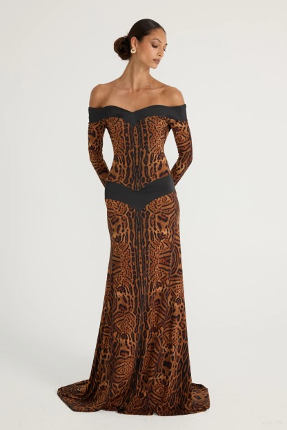 Leopard Print Off Shoulder Long Sleeve Maxi Dress