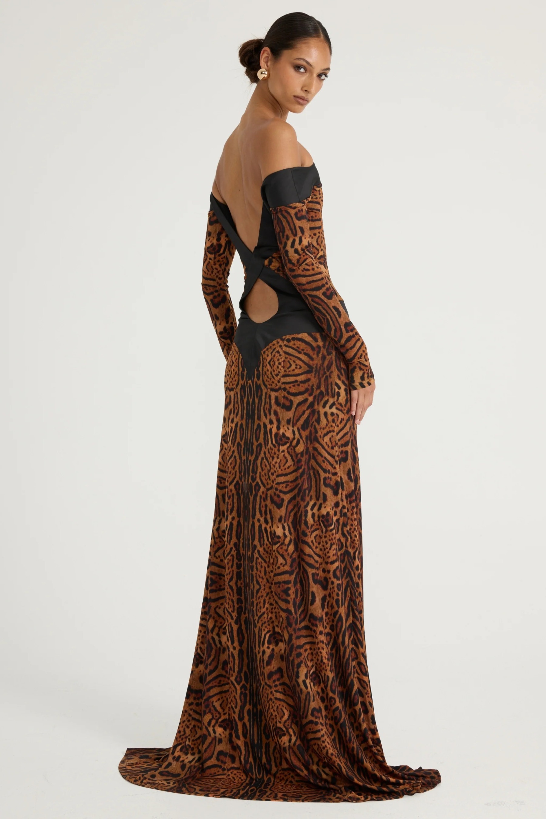 Leopard Print Off Shoulder Long Sleeve Maxi Dress