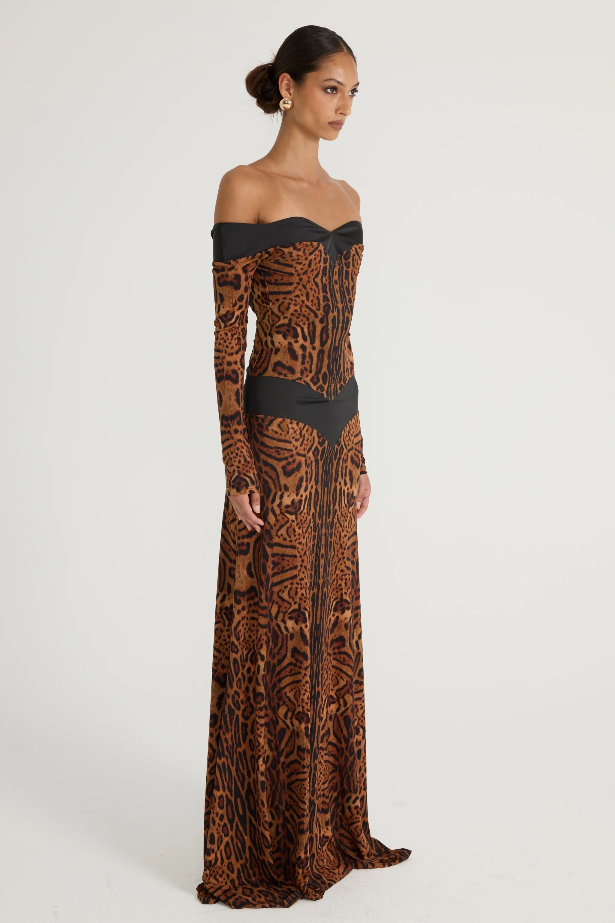 Leopard Print Off Shoulder Long Sleeve Maxi Dress