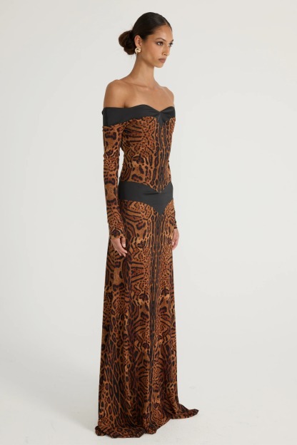 Leopard Print Off Shoulder Long Sleeve Maxi Dress