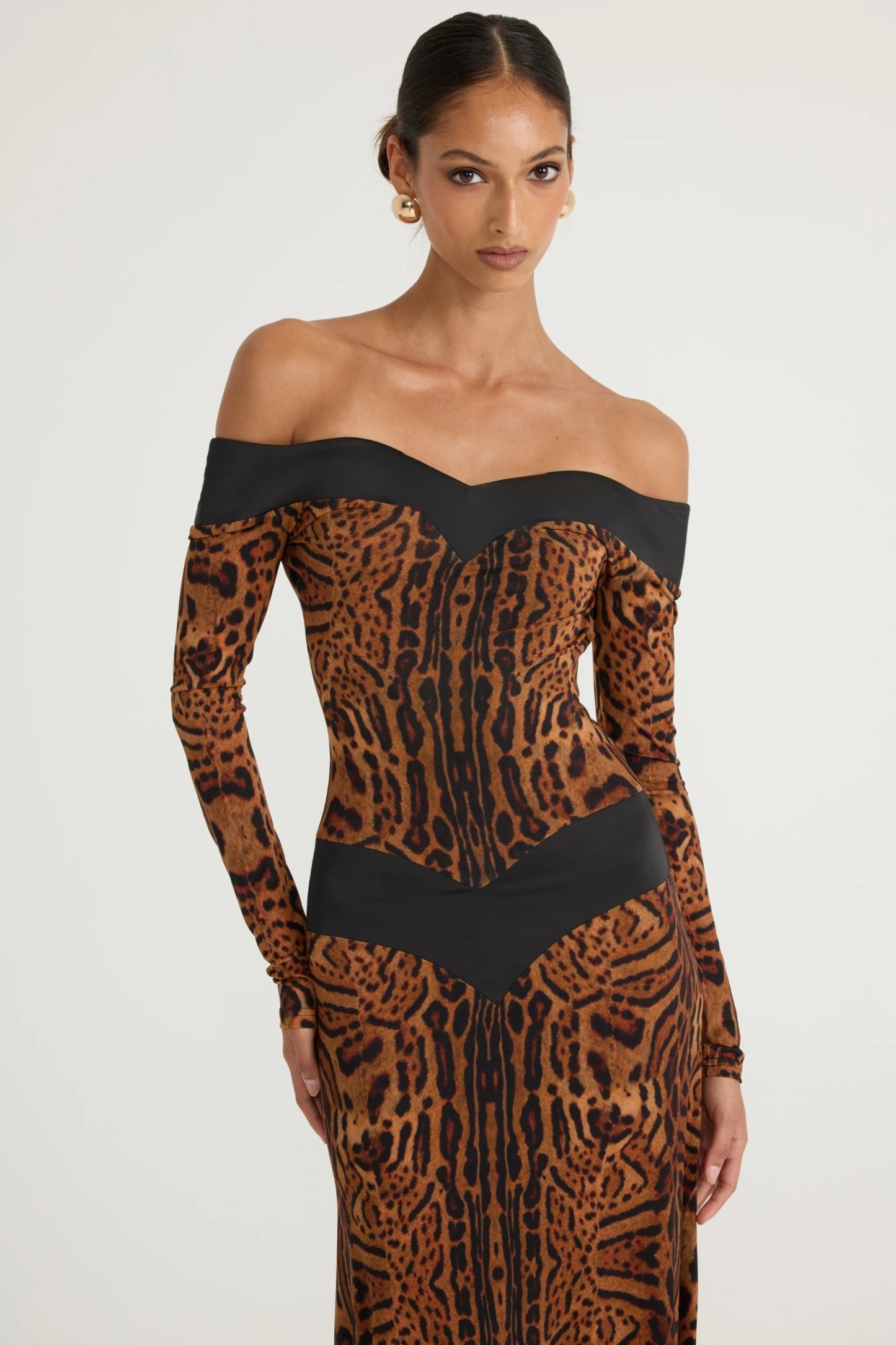 Leopard Print Off Shoulder Long Sleeve Maxi Dress