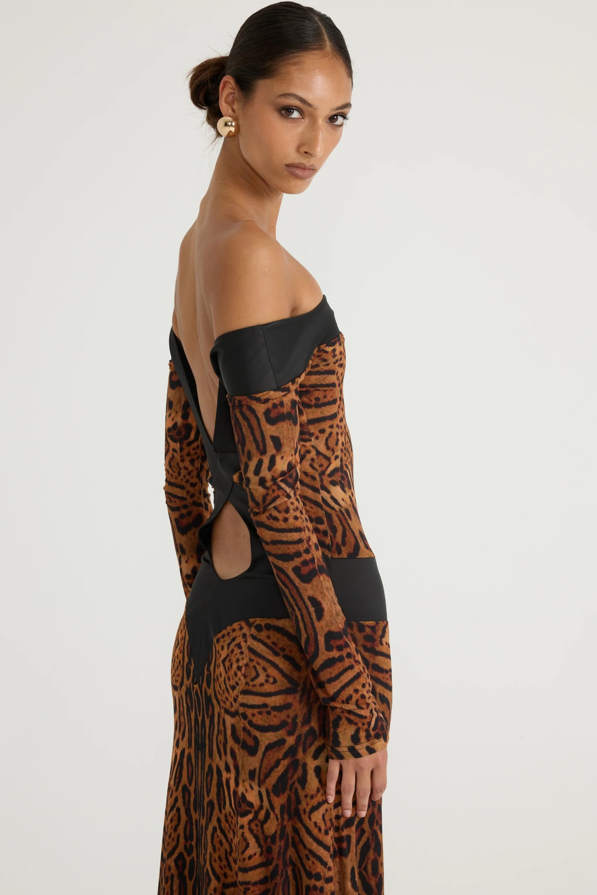 Leopard Print Off Shoulder Long Sleeve Maxi Dress