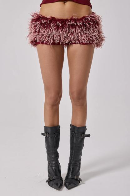 Jersey Splicing Faux Fur Fabric Gathering Top & Low Waist Mini Skirt set