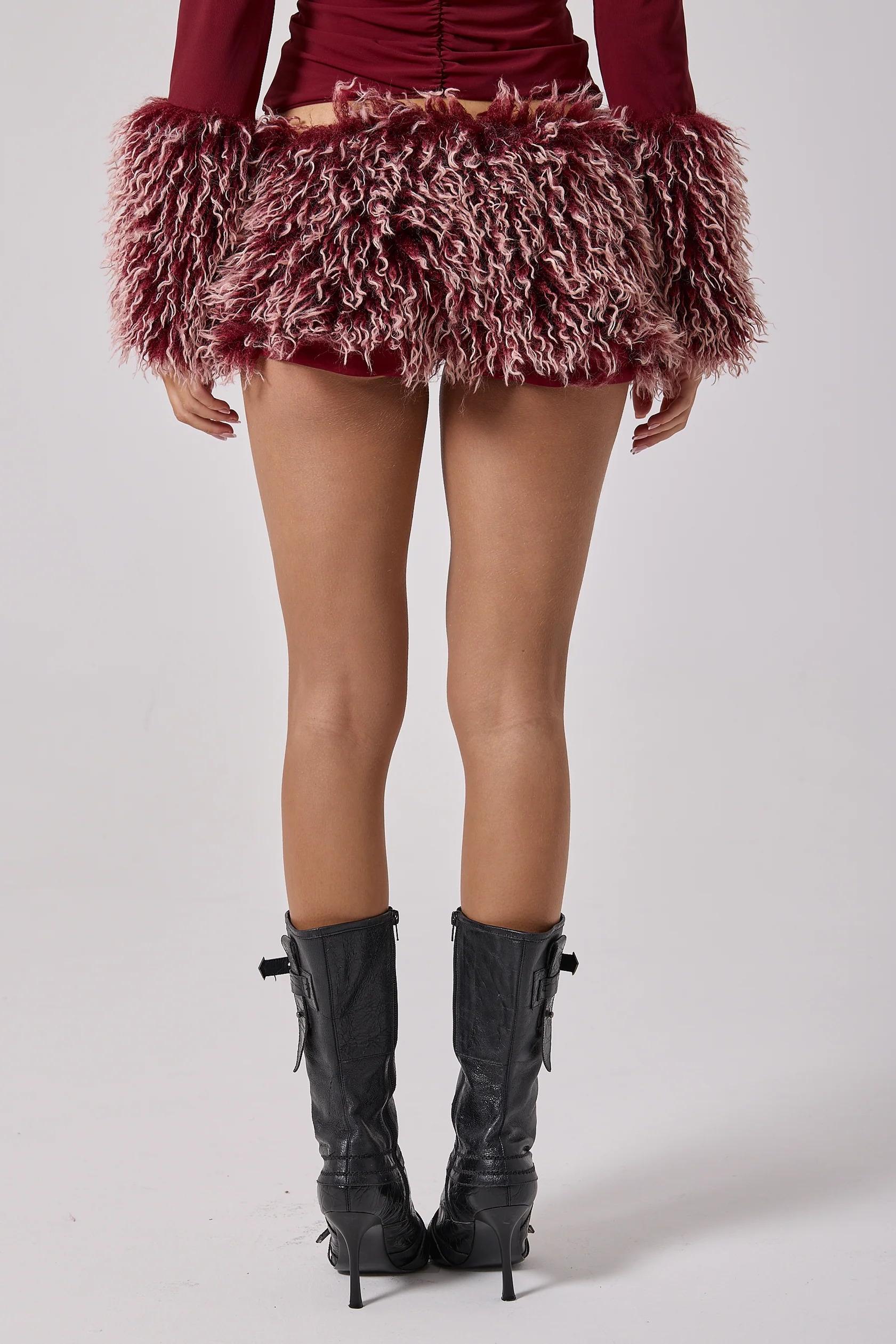 Jersey Splicing Faux Fur Fabric Gathering Top & Low Waist Mini Skirt set