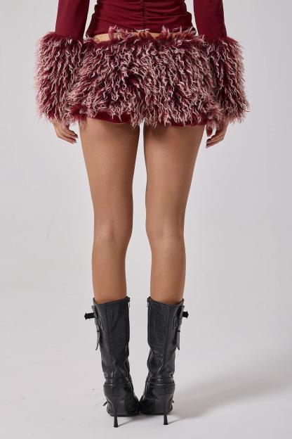 Jersey Splicing Faux Fur Fabric Gathering Top & Low Waist Mini Skirt set