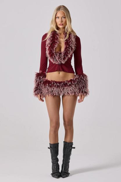 Jersey Splicing Faux Fur Fabric Gathering Top & Low Waist Mini Skirt set
