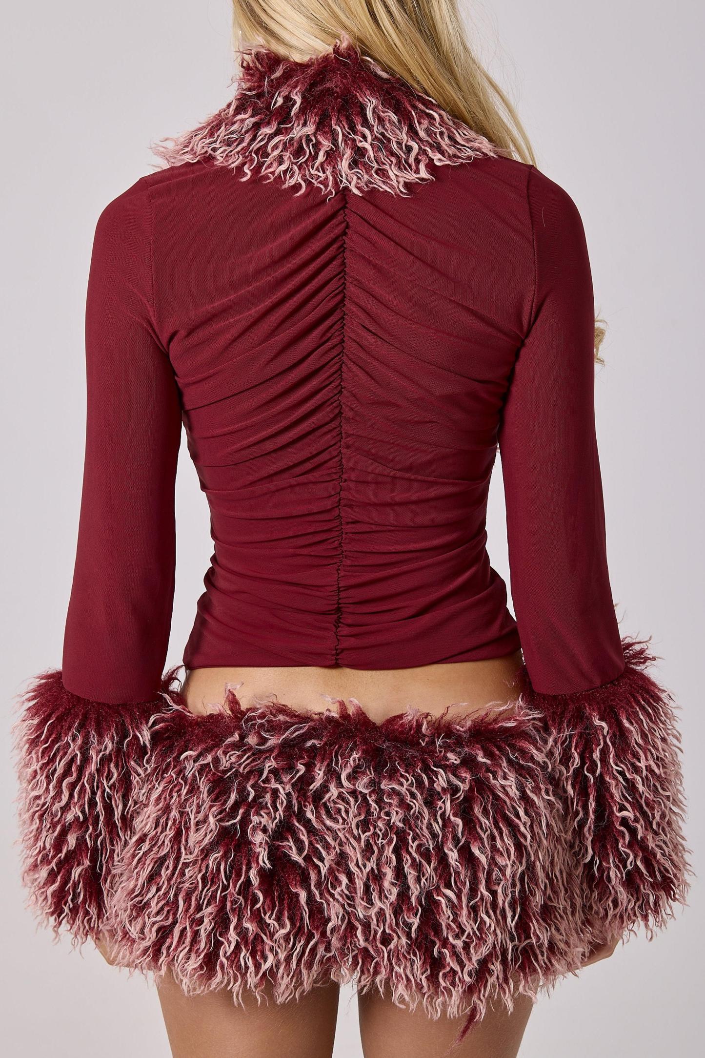 Jersey Splicing Faux Fur Fabric Gathering Top & Low Waist Mini Skirt set