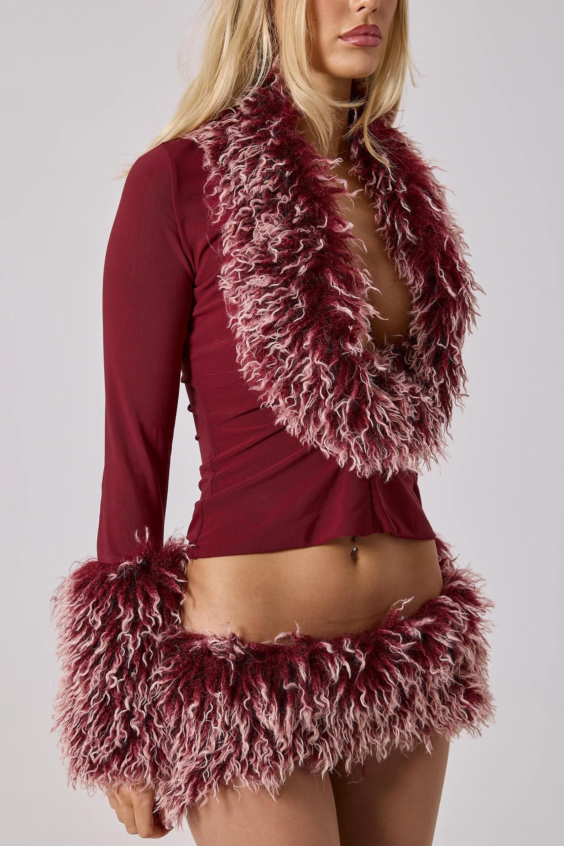 Jersey Splicing Faux Fur Fabric Gathering Top & Low Waist Mini Skirt set