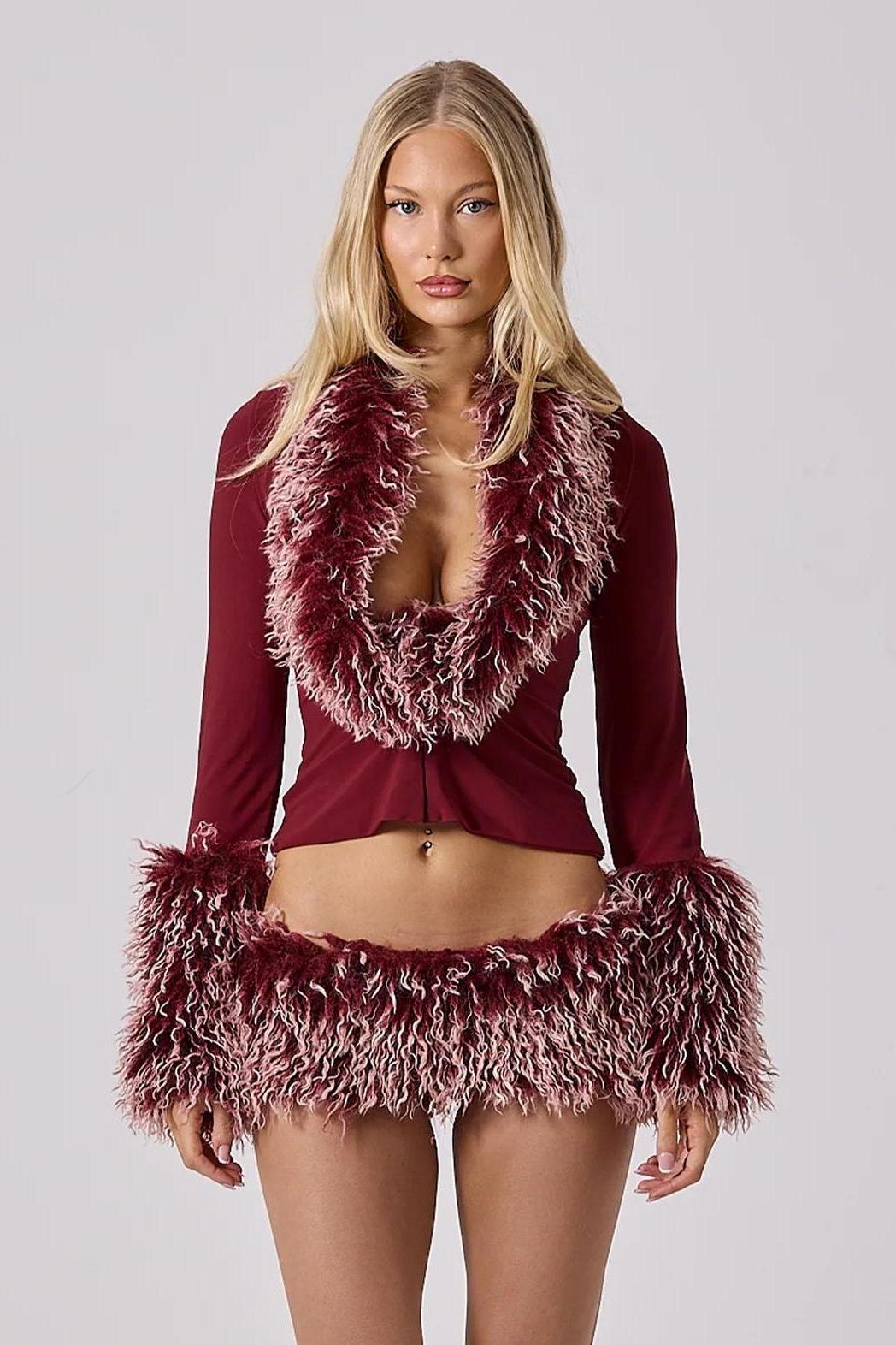 Jersey Splicing Faux Fur Fabric Gathering Top & Low Waist Mini Skirt set