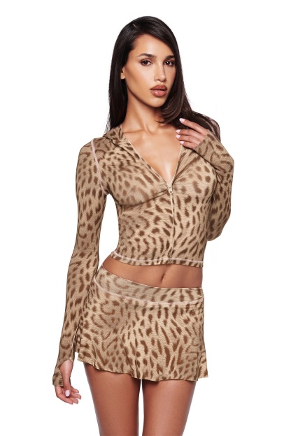 Jersey Leopard Print Zip-Up Top & Low Waist Mini Skirt Set