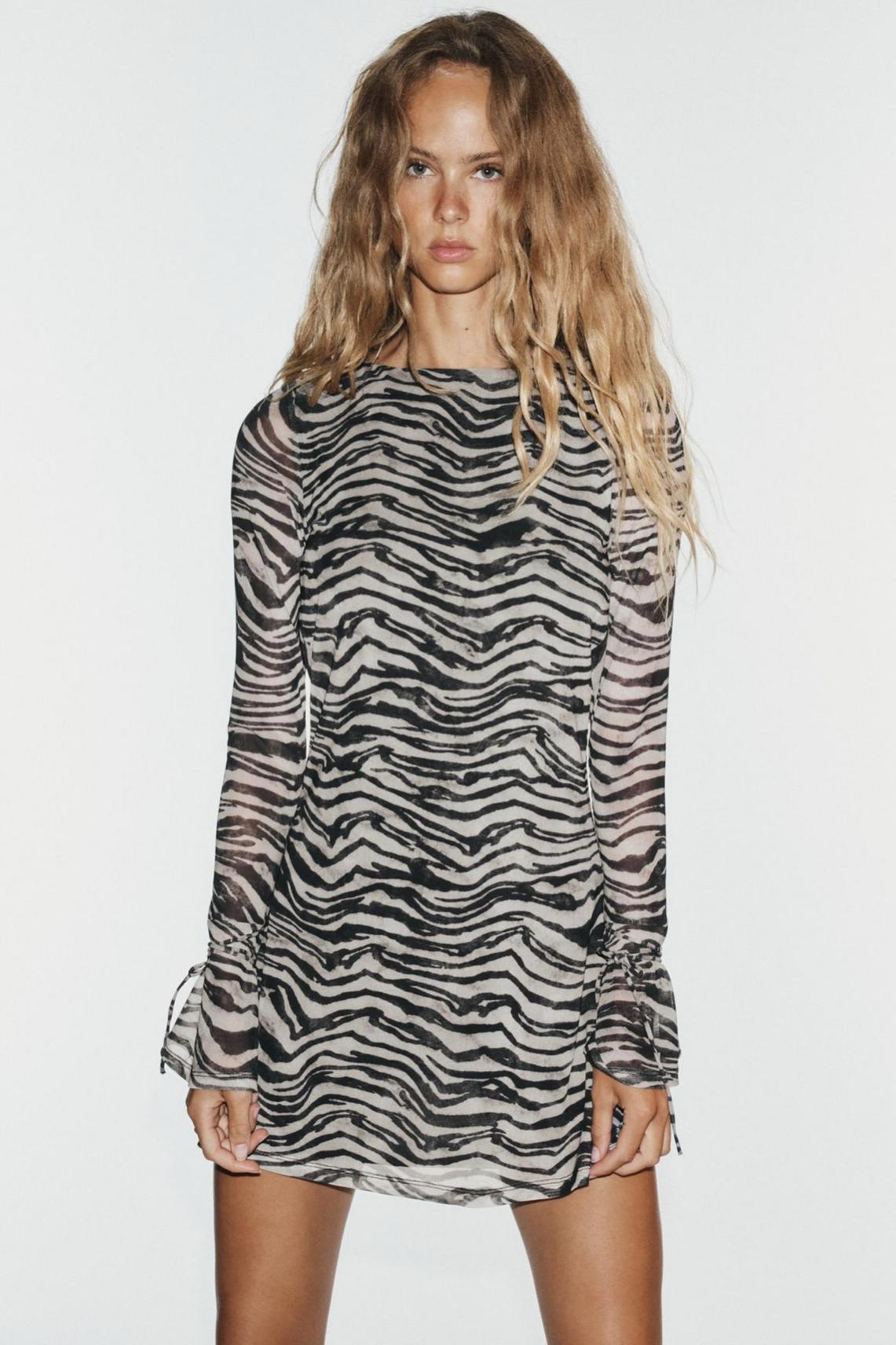 Mesh Zebra Print Backless Mini Dress