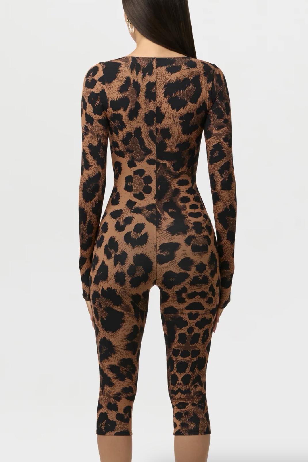 Leopard Print Cut-Out Metal Decorations Jumpsuit