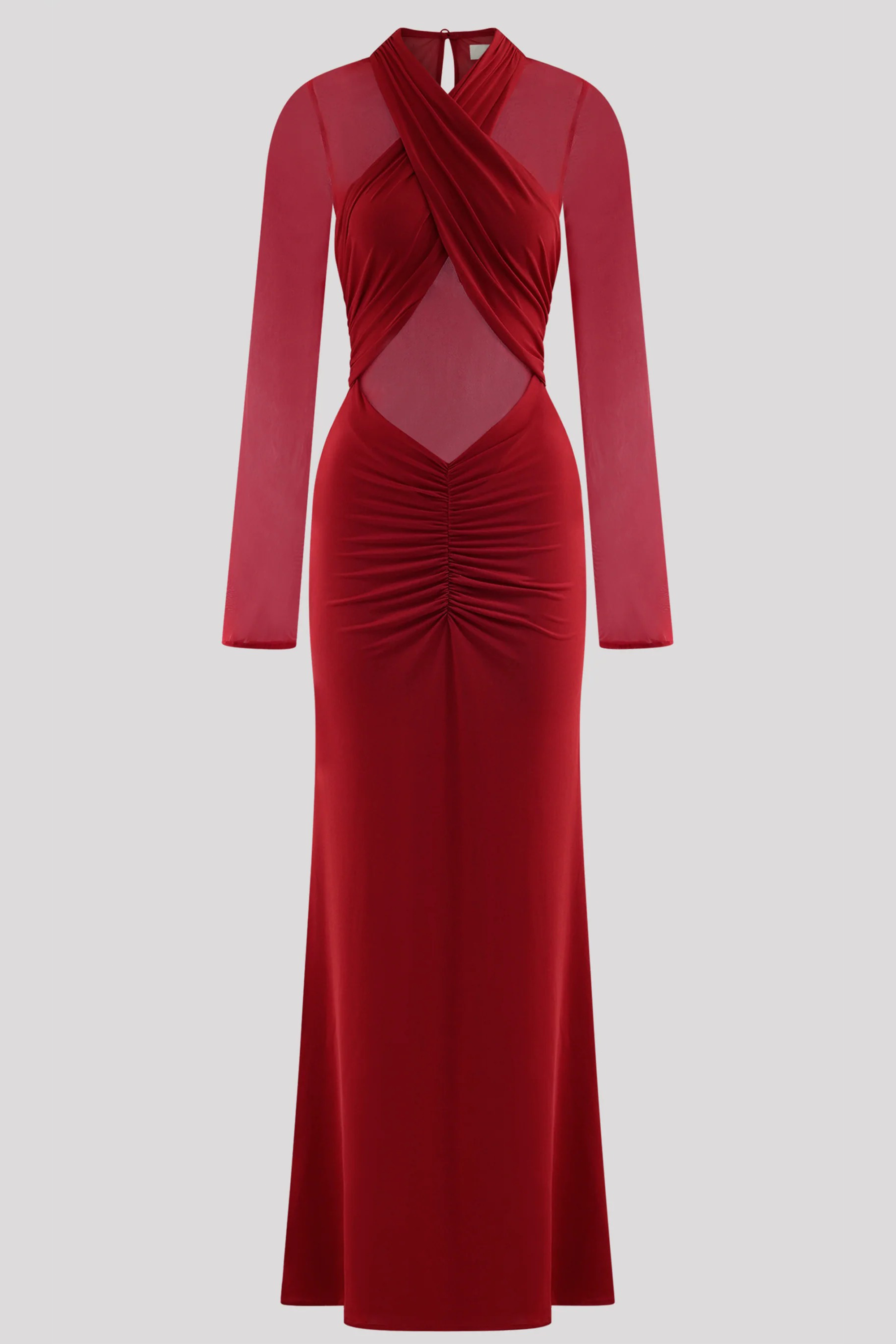 Mesh Around Neck Long Sleeve Midi Dress