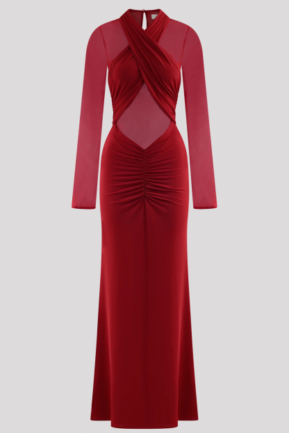 Mesh Around Neck Long Sleeve Midi Dress