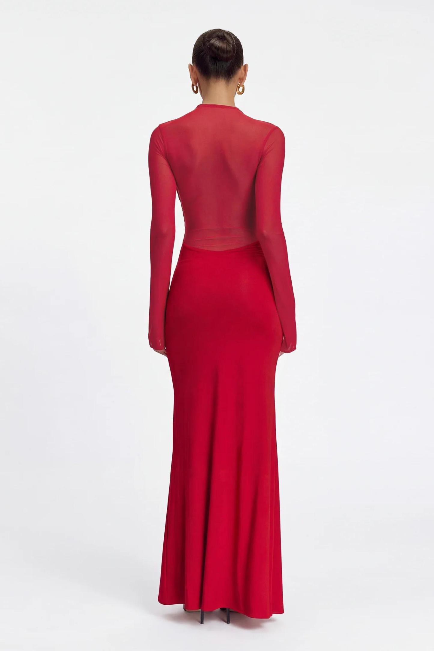 Mesh Around Neck Long Sleeve Midi Dress