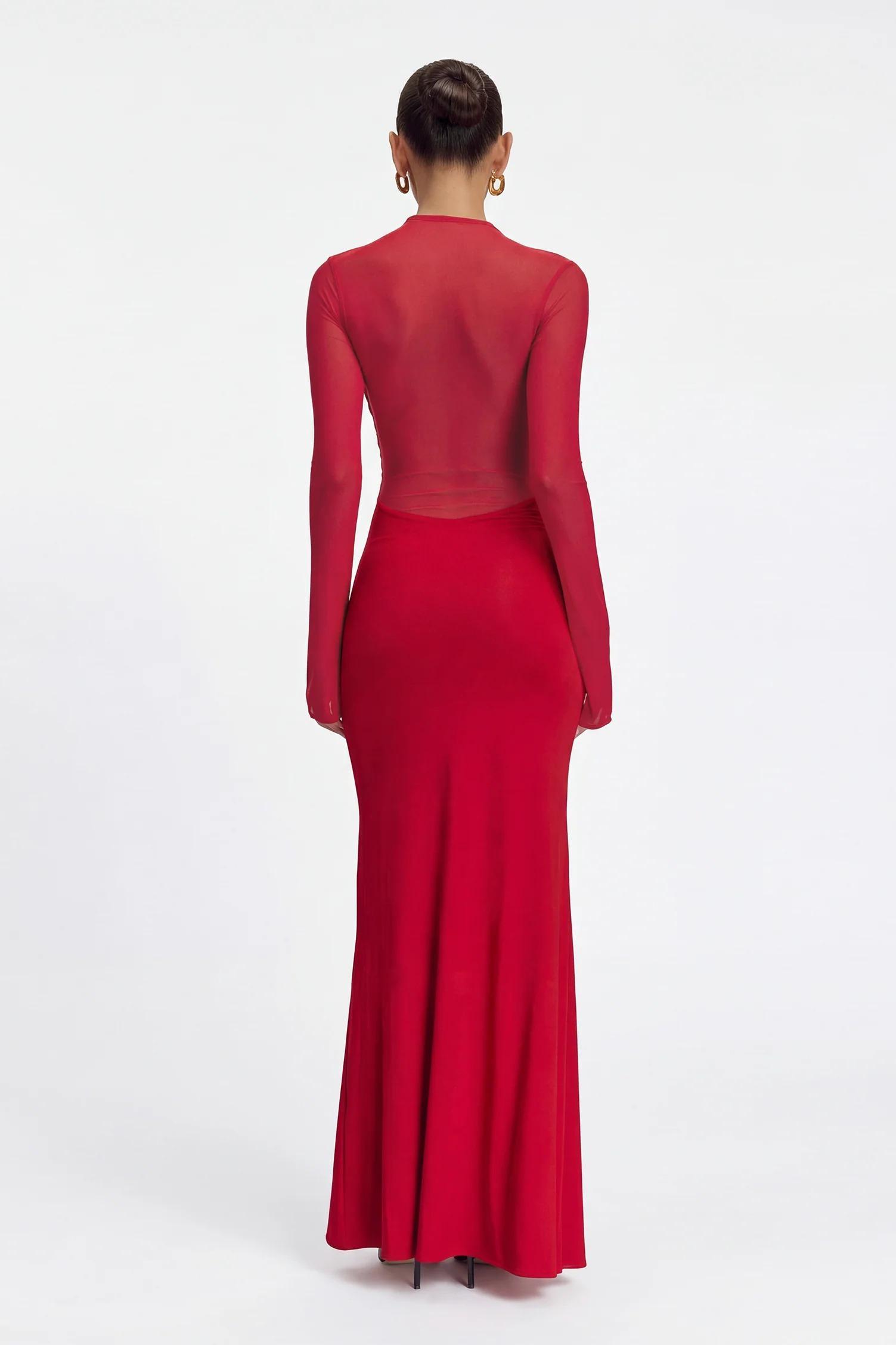 Mesh Around Neck Long Sleeve Midi Dress