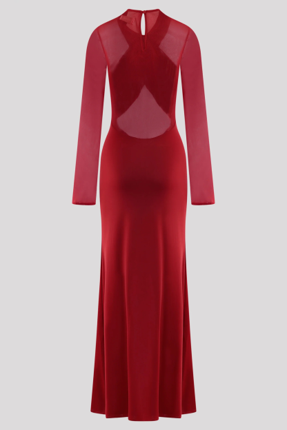 Mesh Around Neck Long Sleeve Midi Dress