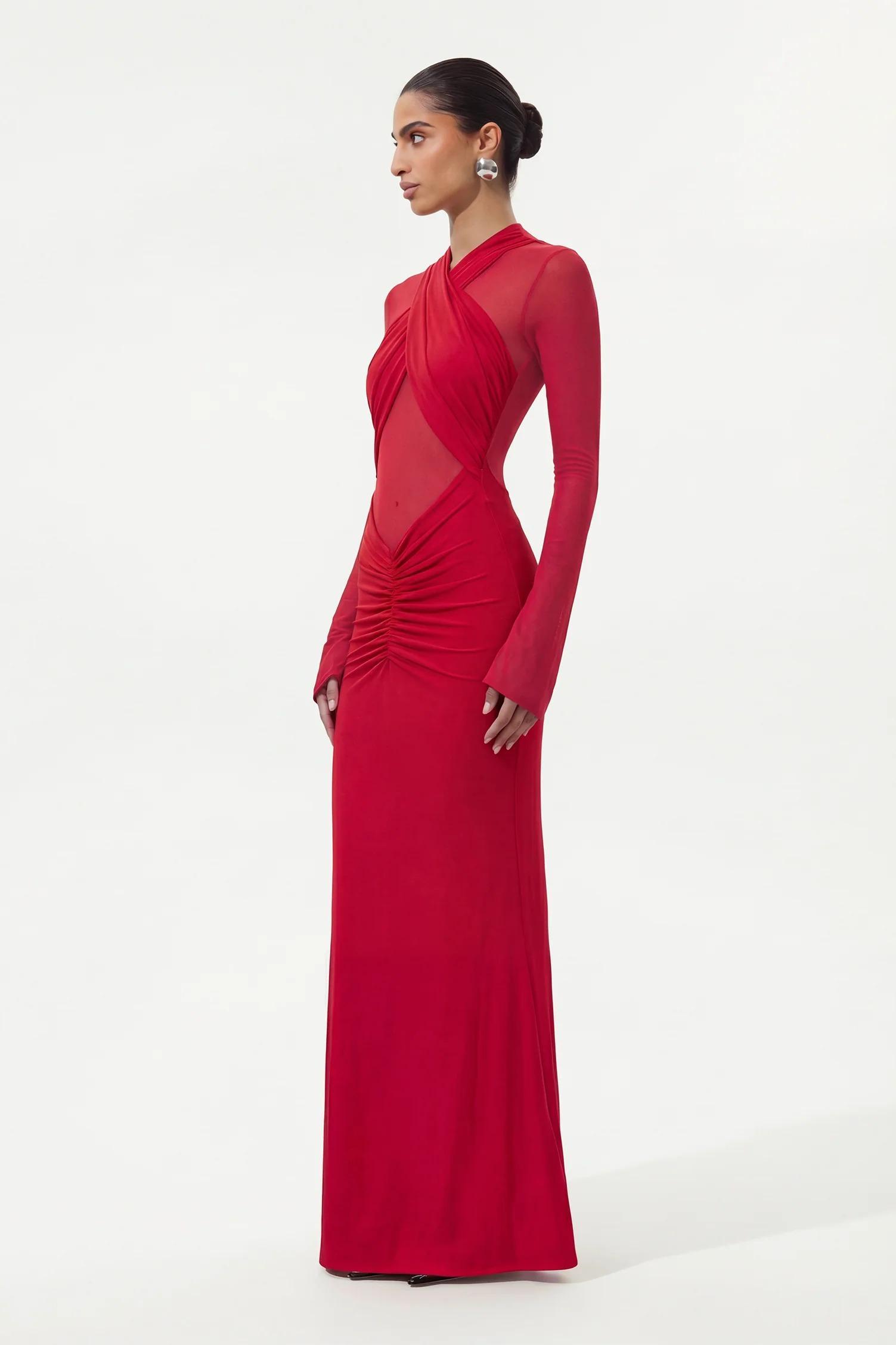 Mesh Around Neck Long Sleeve Midi Dress