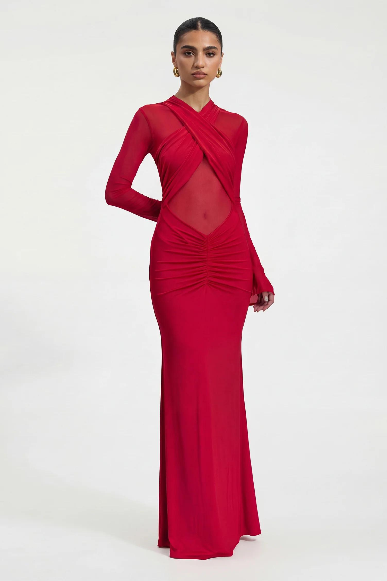 Mesh Around Neck Long Sleeve Midi Dress