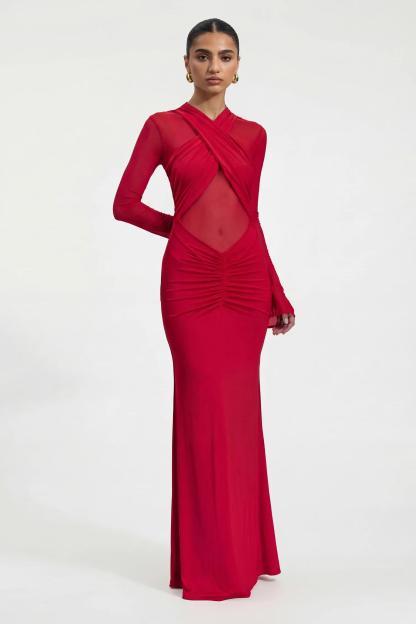 Mesh Around Neck Long Sleeve Midi Dress