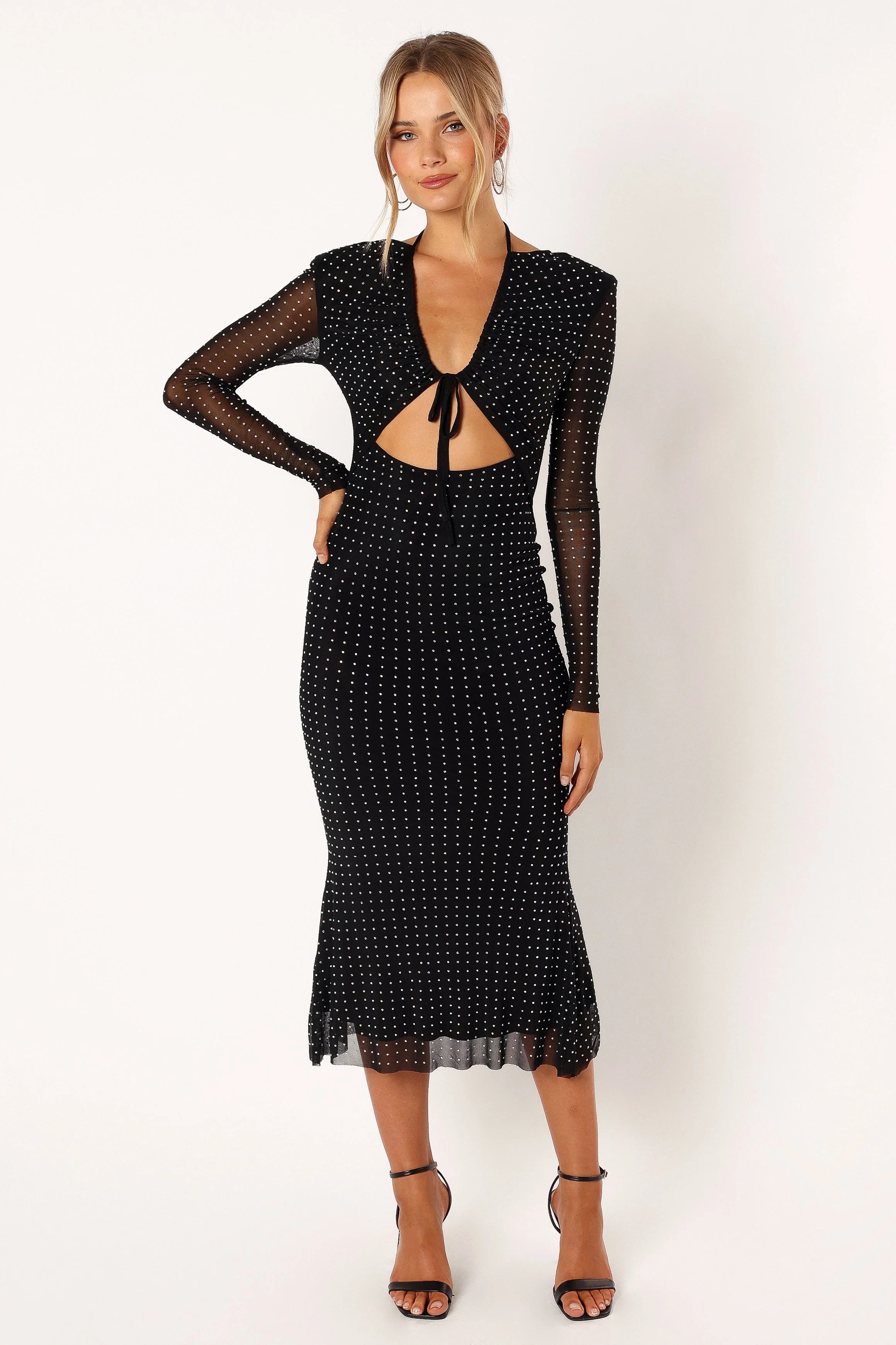 Jersey Splicing Mesh Silver Foil Stamping Cut-Out Midi Dress