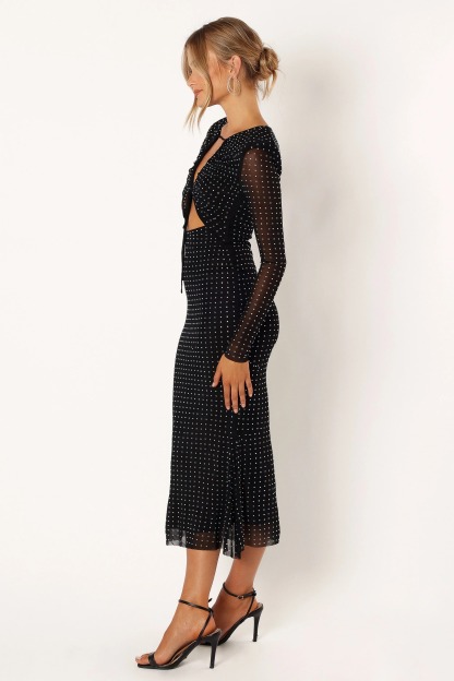 Jersey Splicing Mesh Silver Foil Stamping Cut-Out Midi Dress