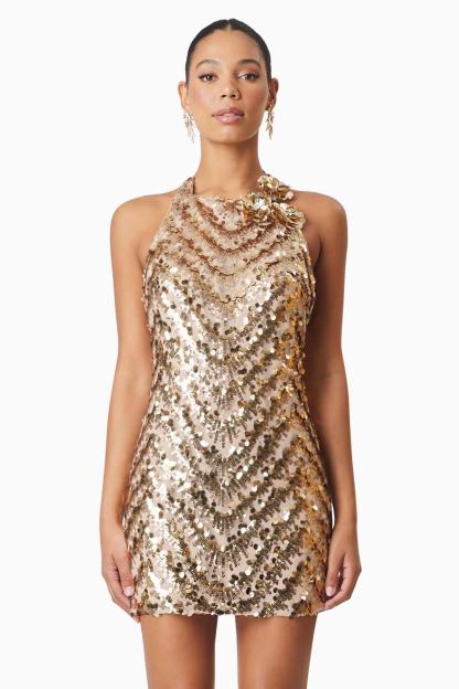 Sequin 3D Flower Halter Neck Mini Dress