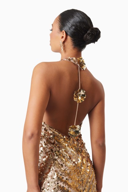 Sequin 3D Flower Halter Neck Mini Dress