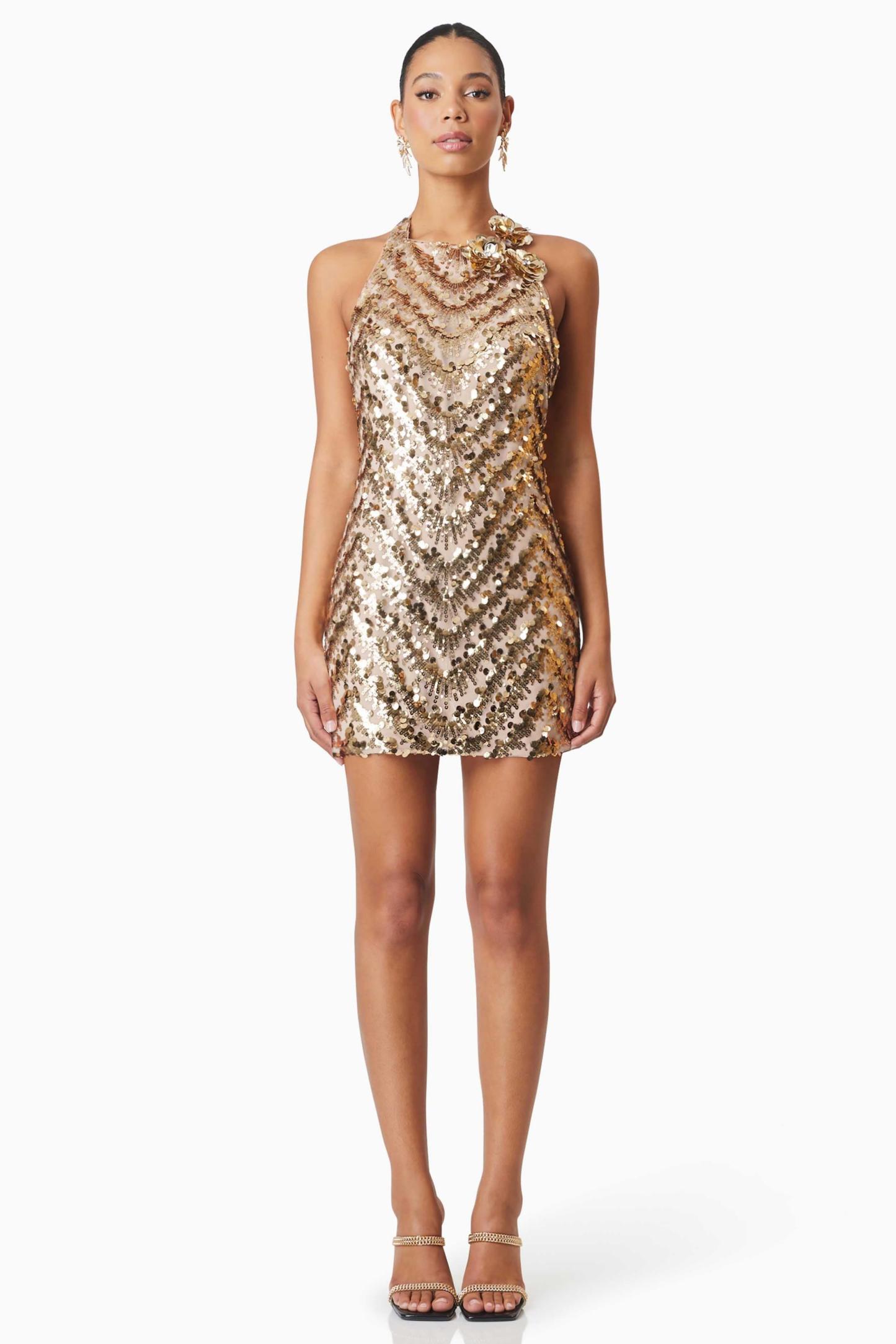 Sequin 3D Flower Halter Neck Mini Dress