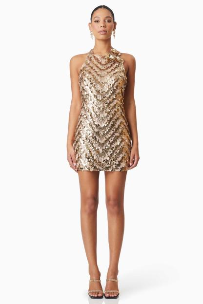 Sequin 3D Flower Halter Neck Mini Dress
