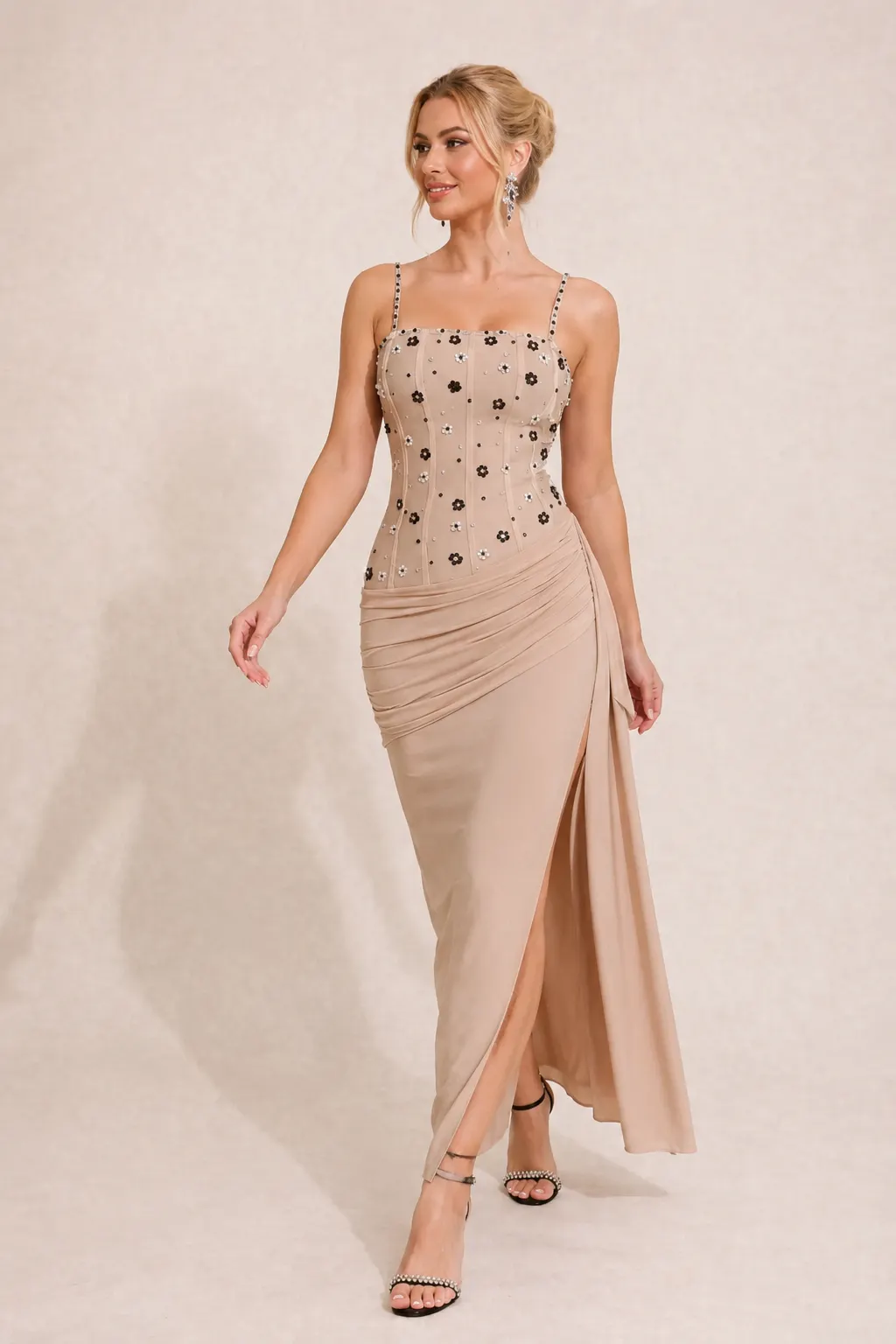 Bandage Splicing Mesh Rivet Maxi Dress