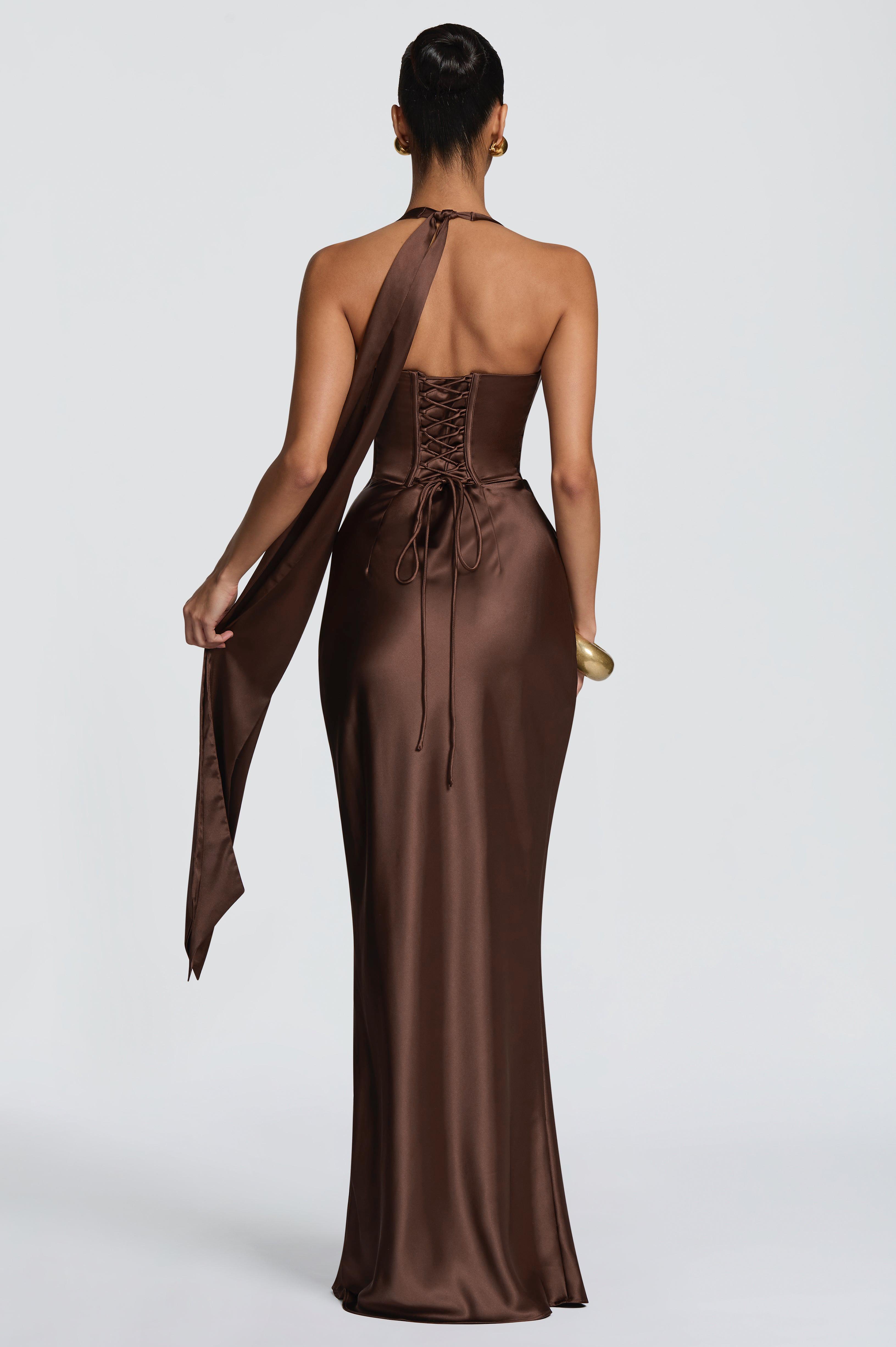 Satin Halter Neck Tie-Up Maxi Dress