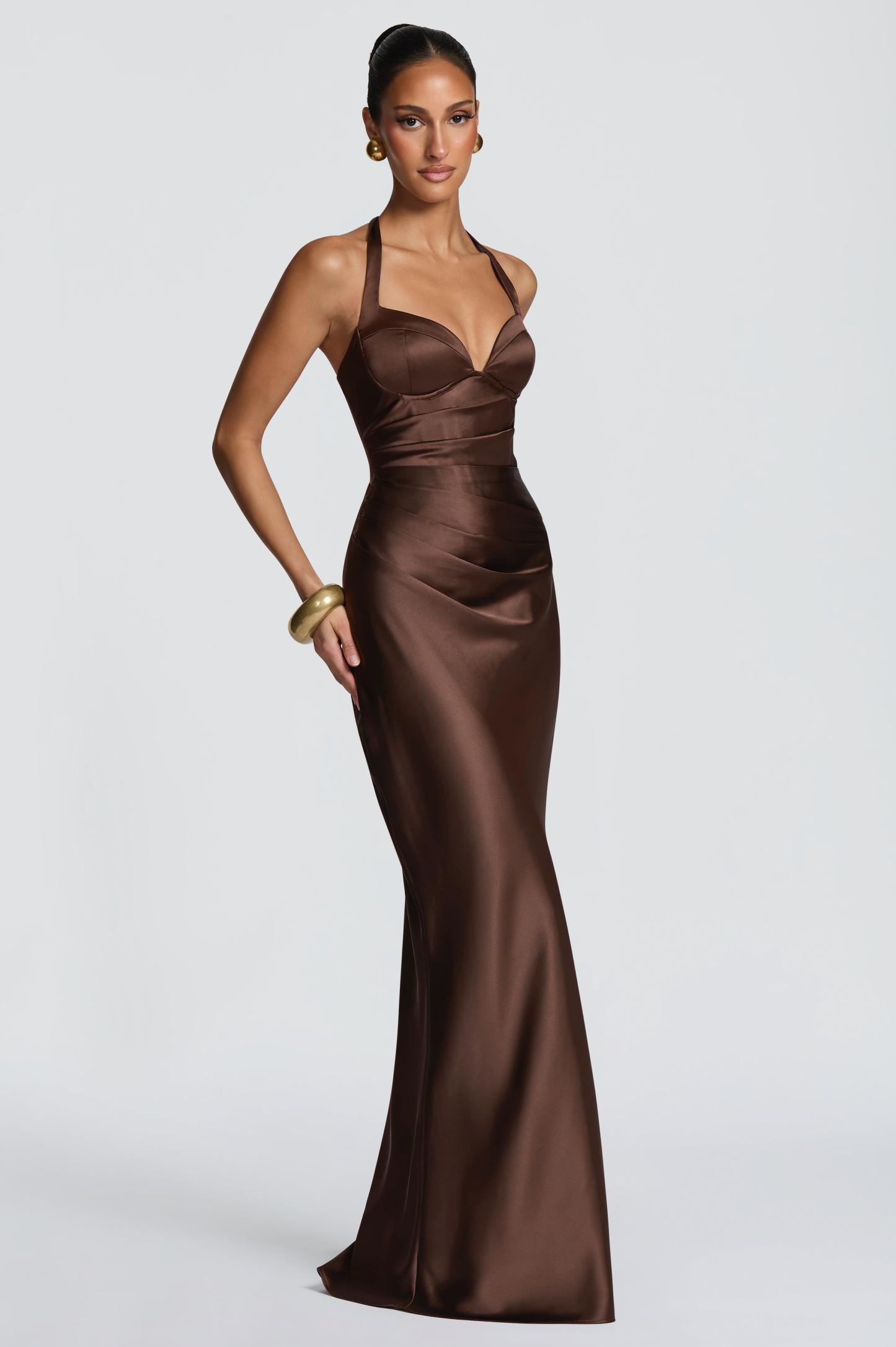 Satin Halter Neck Tie-Up Maxi Dress