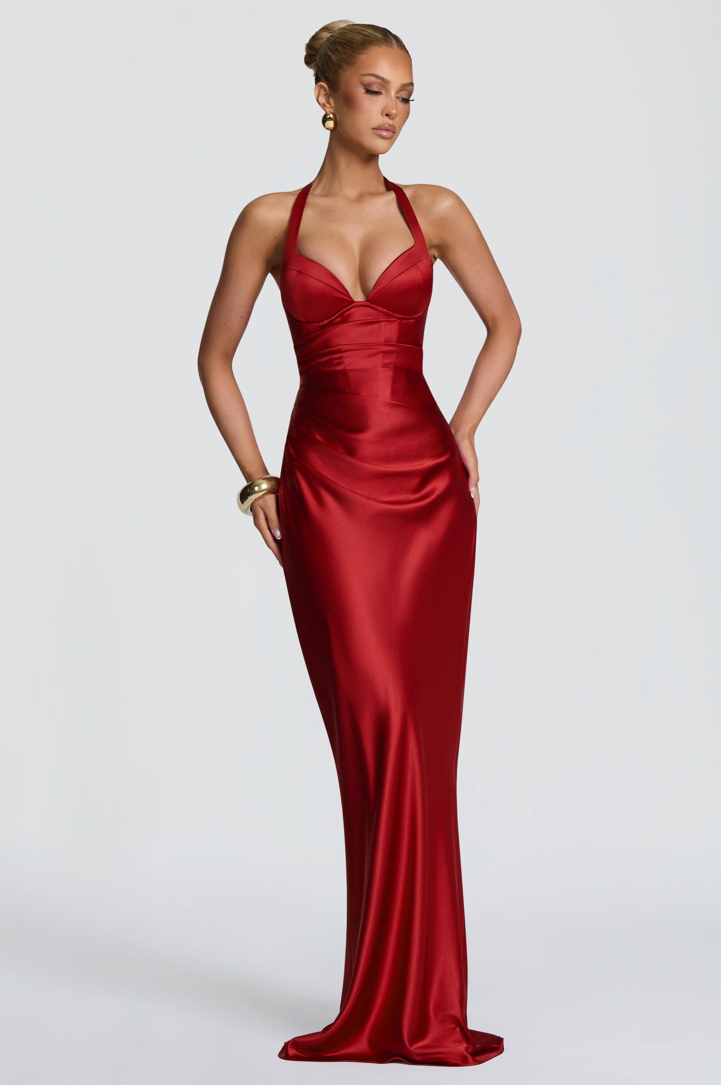 Satin Halter Neck Tie-Up Maxi Dress