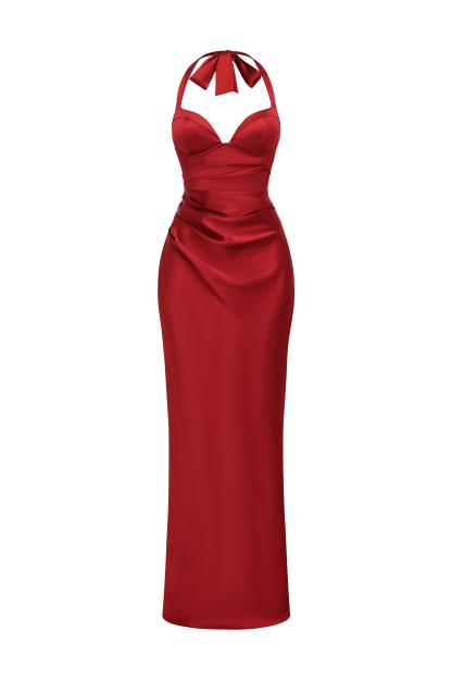 Satin Halter Neck Tie-Up Maxi Dress