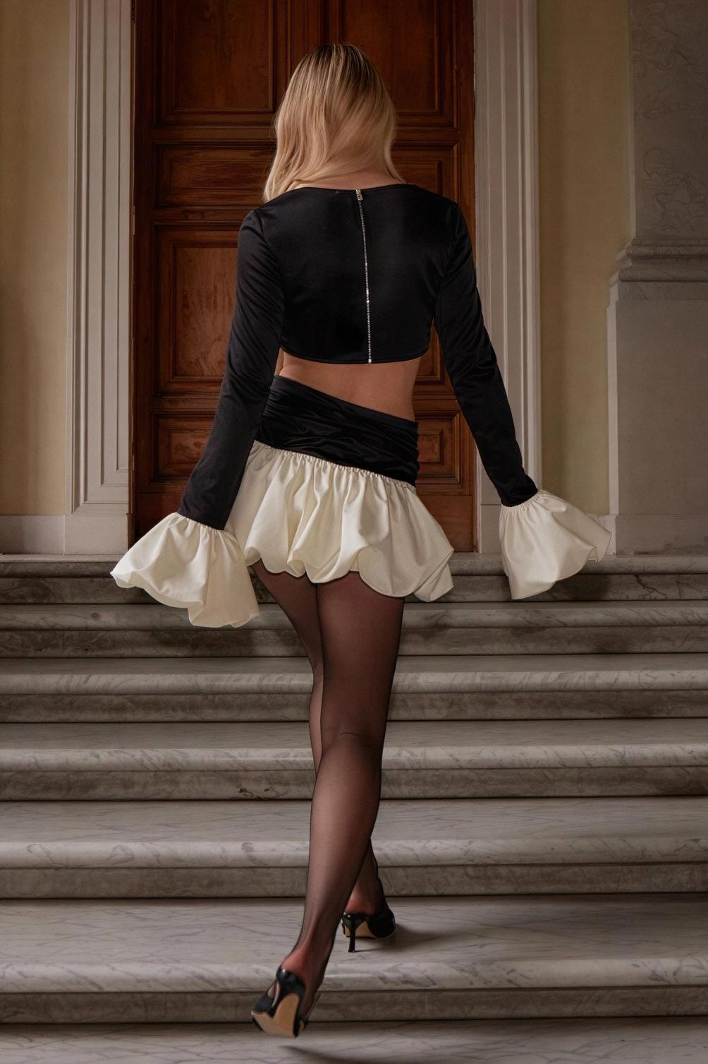 Contrast Color Bow Long Sleeve Top & Low Waist Mini Skirt Set