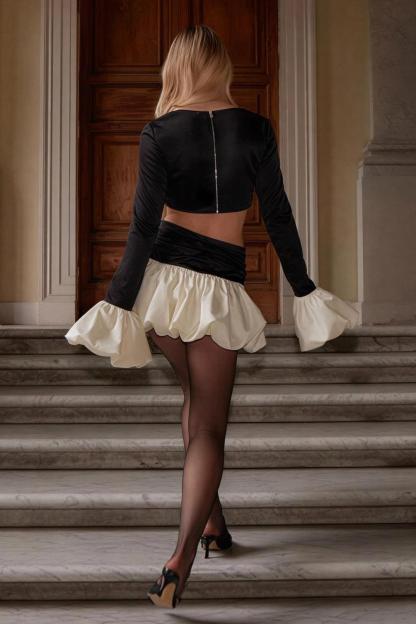 Contrast Color Bow Long Sleeve Top & Low Waist Mini Skirt Set