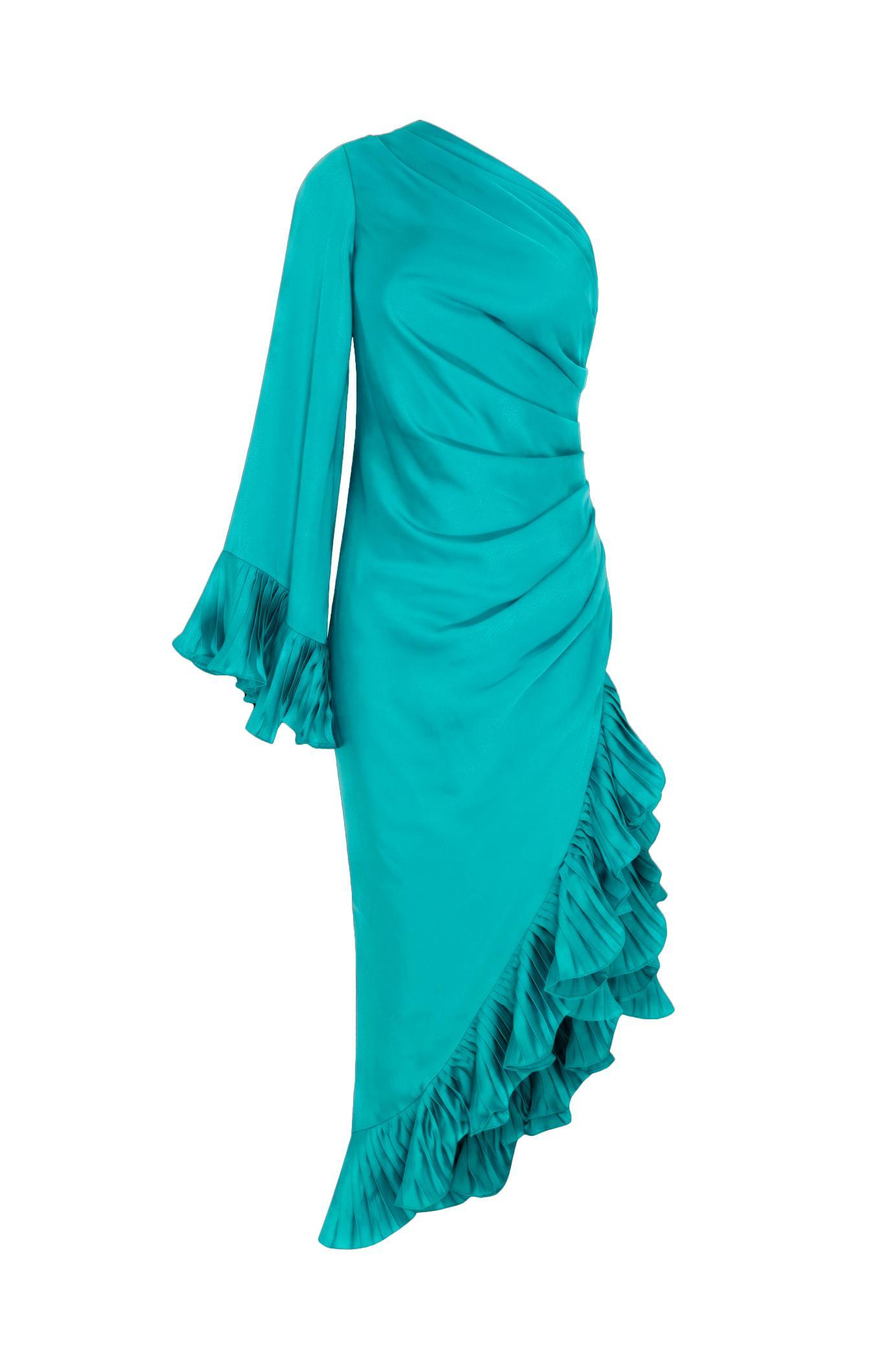 Satin Pleated Ruffle Midi Dress