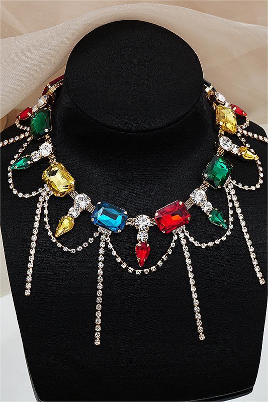 Colorful Rhinestone Tassel Necklace