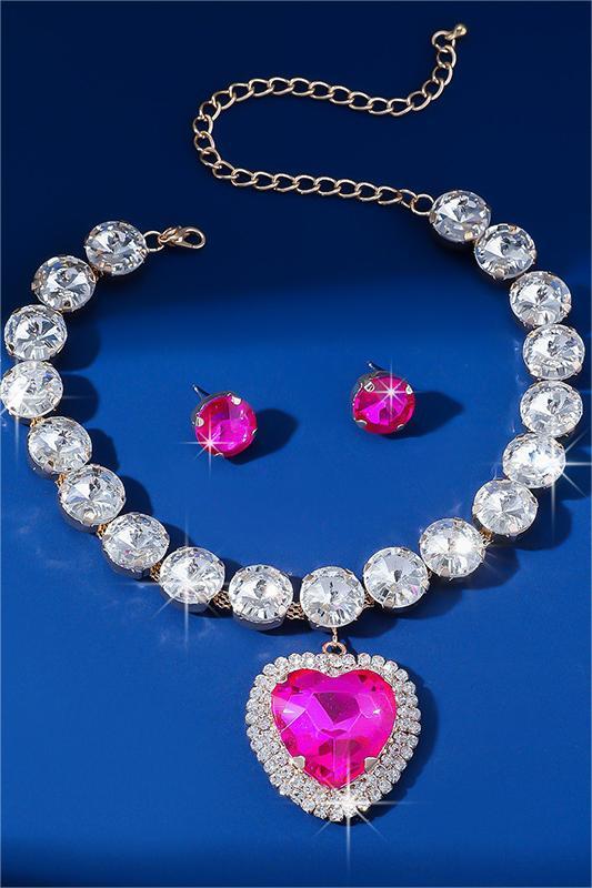 Faux Diamond Stud Earrings & Heart Nacklace Set