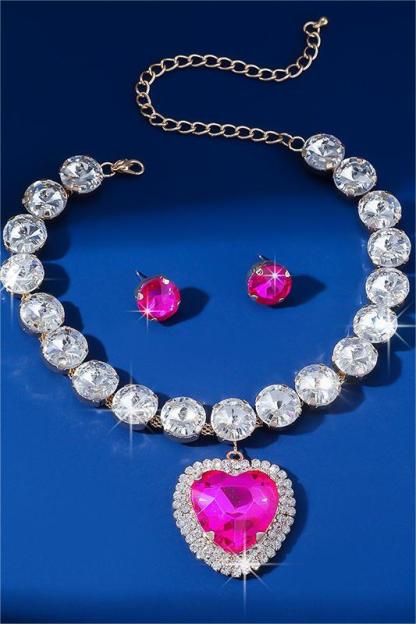 Faux Diamond Stud Earrings & Heart Nacklace Set
