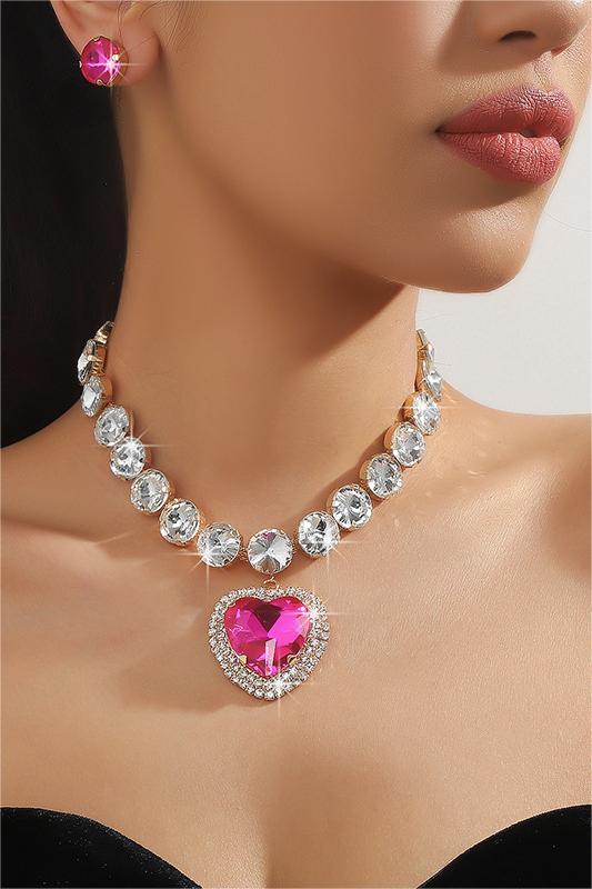 Faux Diamond Stud Earrings & Heart Nacklace Set