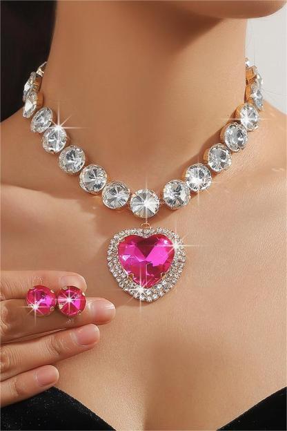Faux Diamond Stud Earrings & Heart Nacklace Set