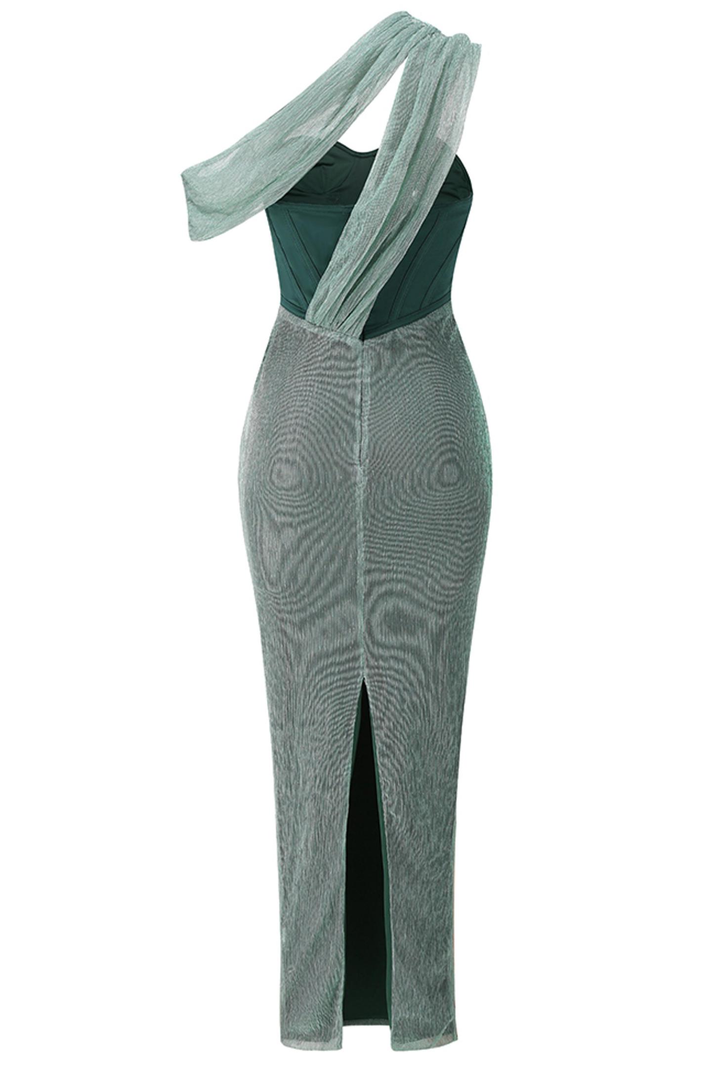 Draped One-Shoulder Corset Maxi Dress