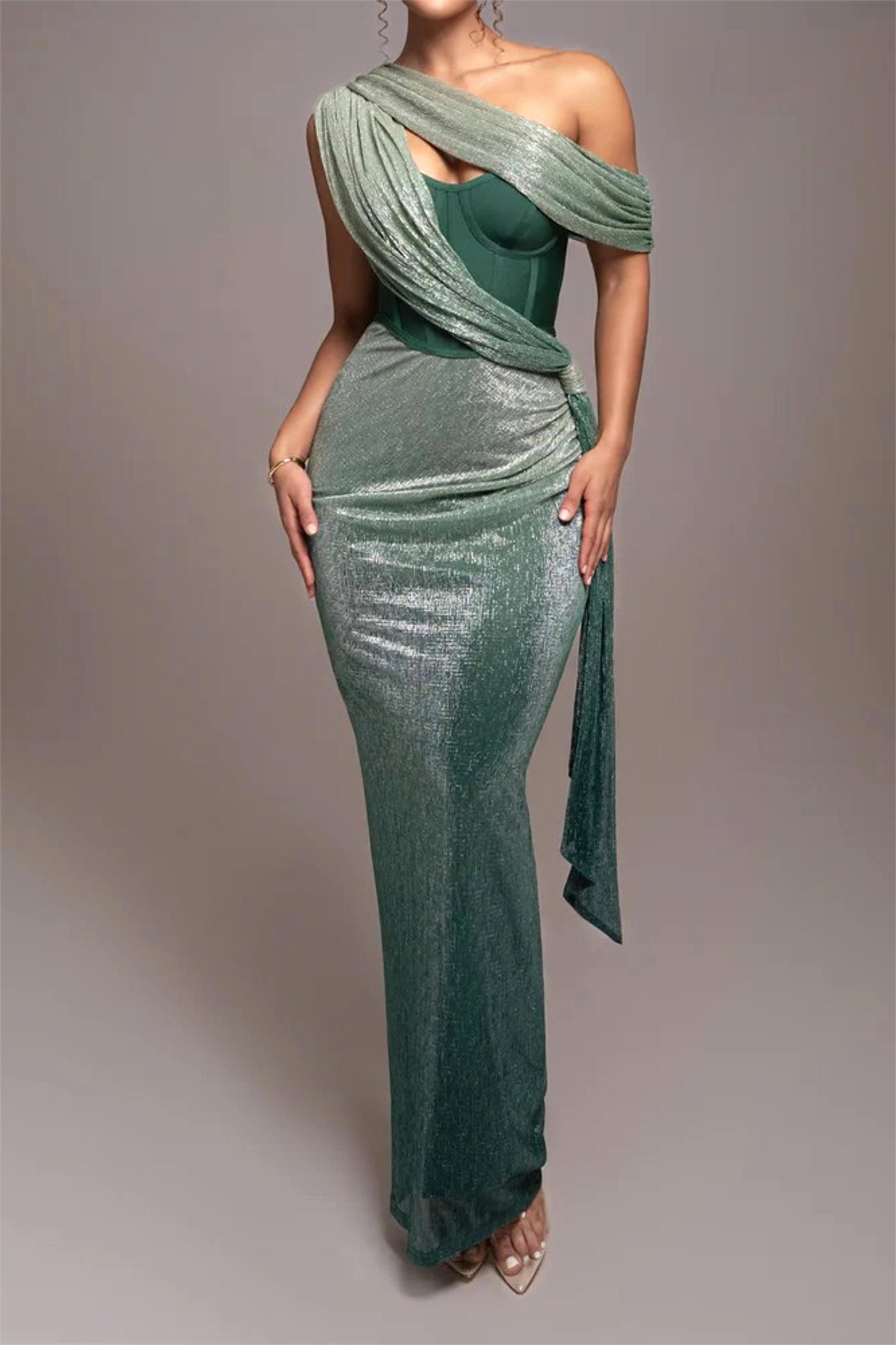 Draped One-Shoulder Corset Maxi Dress