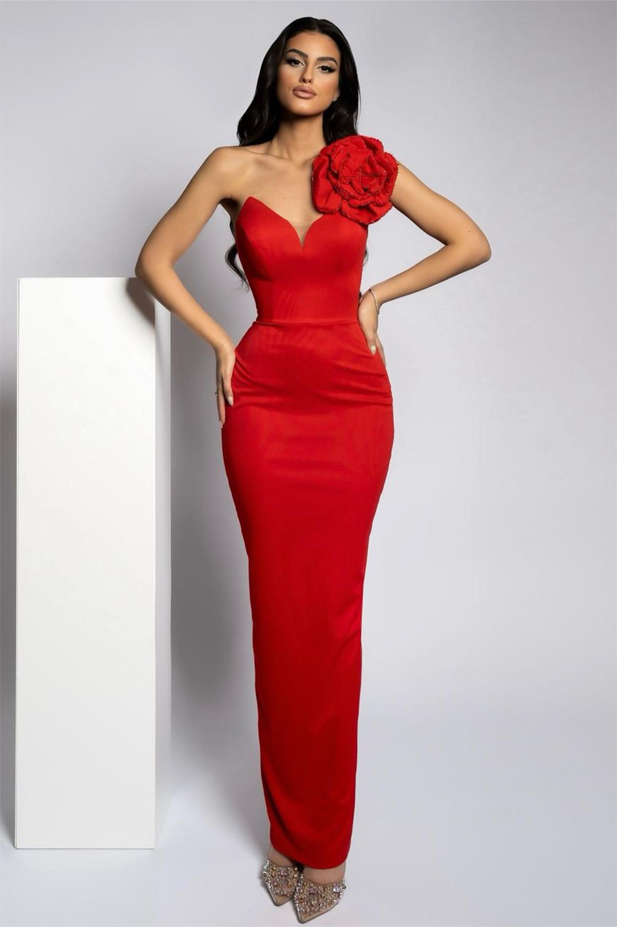 3D Flower One-Shoulder Bodycon Maxi Dress