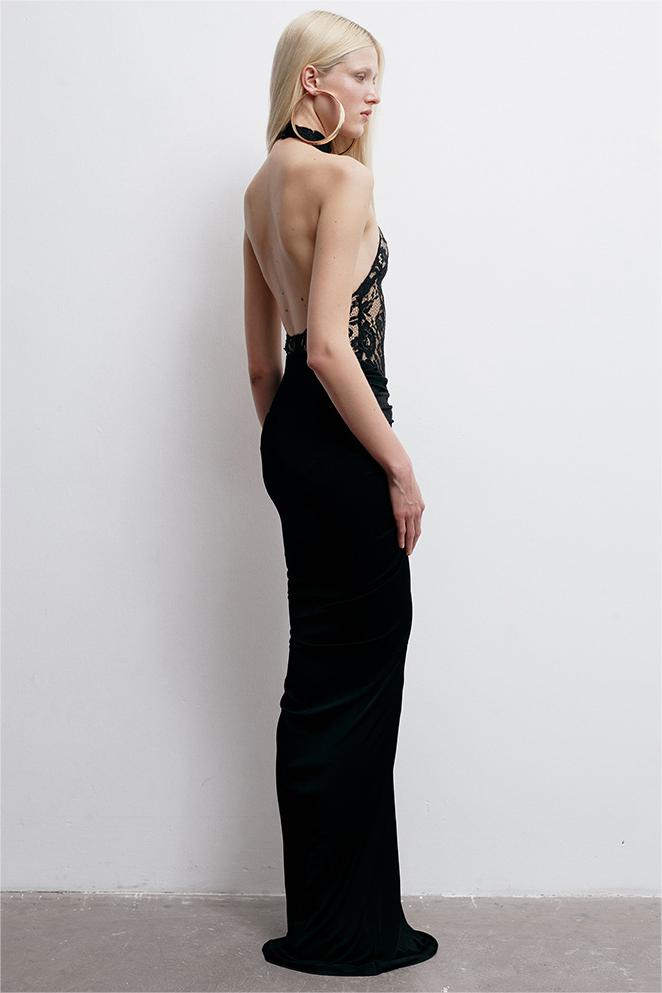 Lace Gathering Halter Neck Maxi Dress