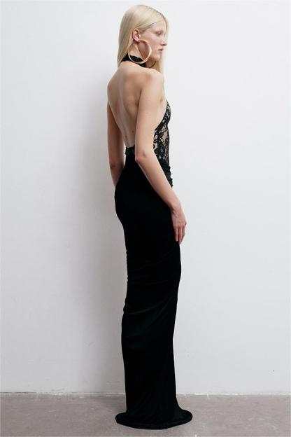 Lace Gathering Halter Neck Maxi Dress