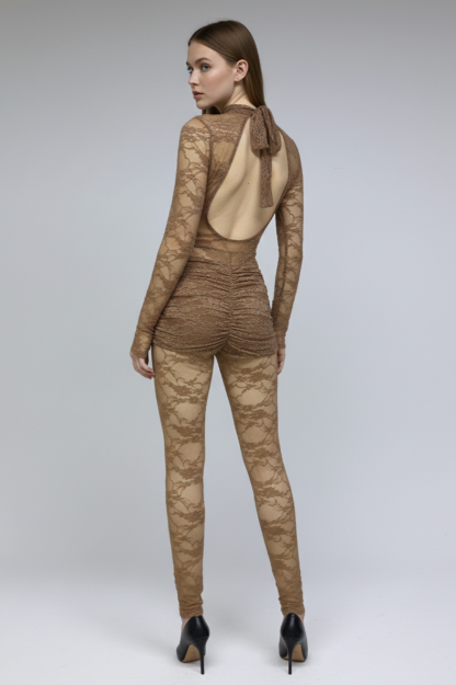 Solid Lace Long Sleeve High Neck  Jumpsuit