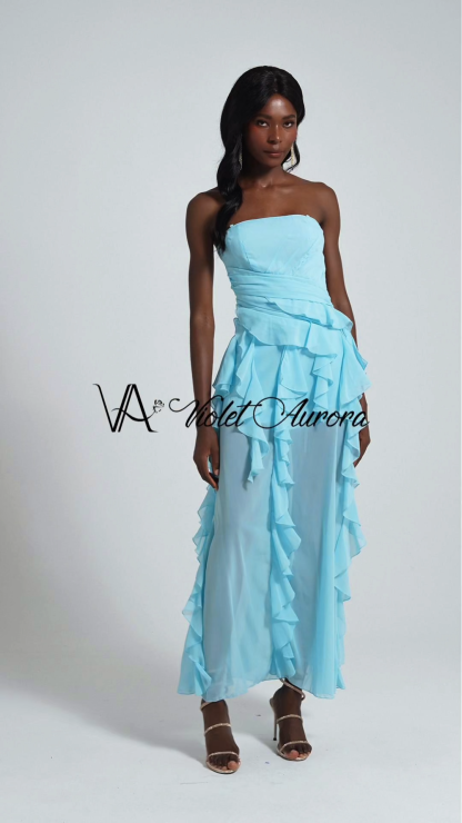 Chiffon Off Shoulder Ruffle Pleated Maxi Dress